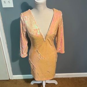 Peachy, pink, sequin, three-quarter length sleeve dress